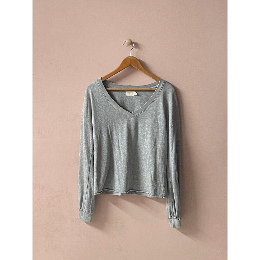 Nation LTD Light Gray Cotton V-Neck Raw Hem Boxy Fit Sweater Top Size S